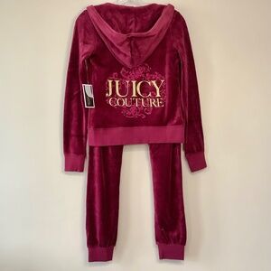 OG Juicy Couture Velour Tracksuit Jacket Jogger Pant Set Wine Red Simmer Glitter